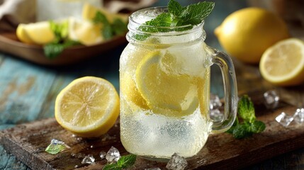 Refreshing Lemonade with Mint and Ice in a Mason Jar