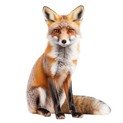 Obraz premium A majestic red fox sits gracefully against a white background. its fur and alert expression. ideal for wildlife photography and educational materials