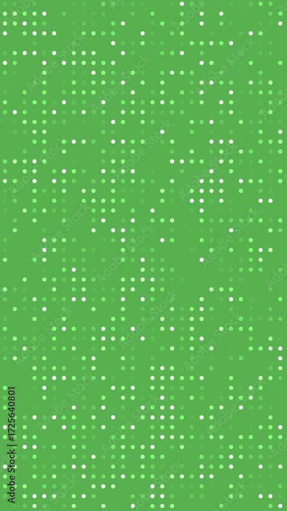 Poster a vibrant animated grid of tiny white squares dancing across a smooth green background, creating a