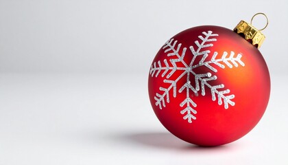 Red ornament with white snowflake on white gradient.