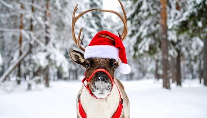 Reindeer in Santa hat with red harness in snowy forest.
