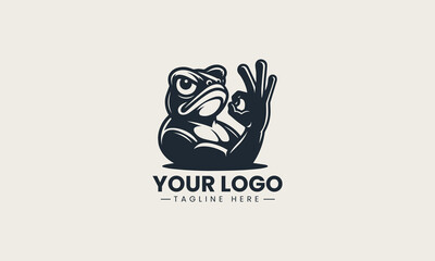 Grumpy frog character showing a middle finger in a bold black silhouette vector logo design on a clean white background, for humorous and edgy themes