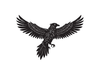 Obraz premium Black raven illustration soaring with wings spread against a white background