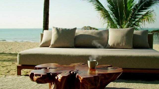 Beachside daybed with a hot beverage on a table by the coast