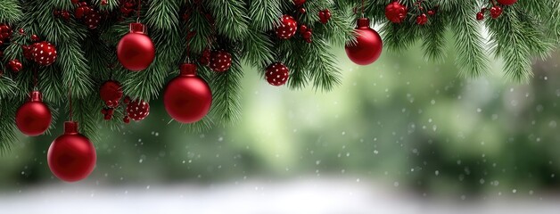 Red ornaments hang from evergreen branches as snow falls softly in a winter setting, creating a festive holiday atmosphere