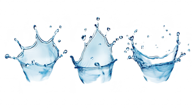A stunning sequence of three water splashes captured in high detail. the dynamic motion and beauty of water droplets. ideal for use in design and advertising
