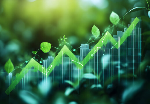 A financial chart showing upward trends, with green arrows and eco-friendly icons like leaves or solar panels, representing the growth of green investments.