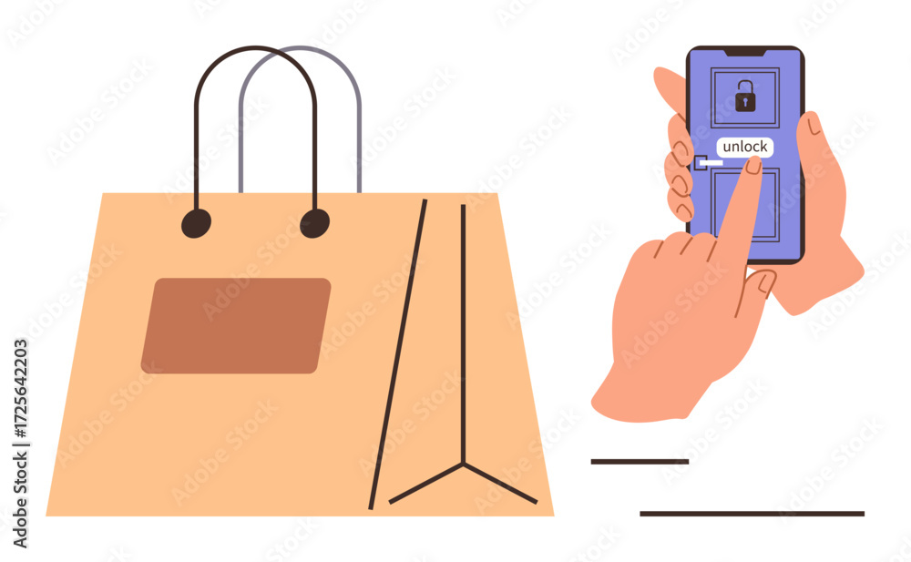 Aufkleber smartphone with unlocking interface and hand indicating touch gesture beside a shopping bag. ideal f
