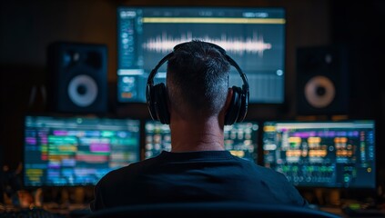 Mastering sound engineer focused intently on audio waveform and editing software displays in a dimly lit studio, creating captivating sonic experiences
