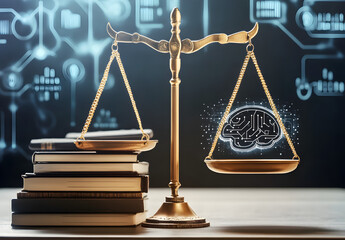 A traditional scale of justice balanced with legal books on one side and AI symbols.