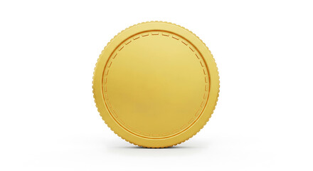 A gleaming, unadorned gold coin stands upright against a clean white background, its polished surface reflecting light, symbolizing wealth and value in a minimalist presentation