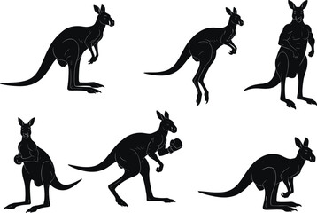 kangaroo, animal, marsupial, silhouette, icon, vector, illustration, black, white, jumping, boxing, standing, crouching, muscular, joey, posture, wild, nature, behavior, concept