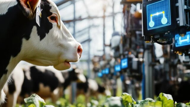 A black and white cow standing in a field of crisp lettuce