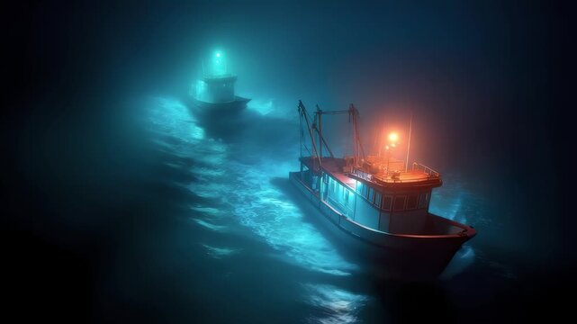 Fishing boats sailing at sea at night exploring the unknown