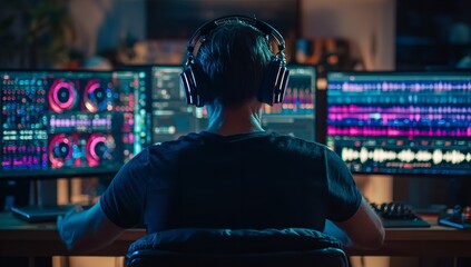 Focused digital artist immersed in vibrant neon-lit creative process on multiple monitors, crafting digital art with intense concentration