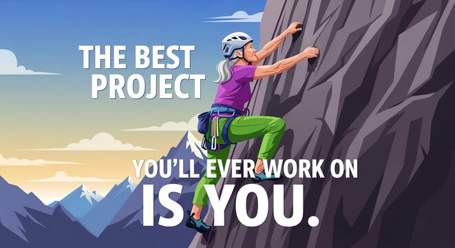 Motivational Quote with Senior Woman Rock Climbing