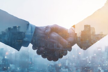 Business people handshake on city office building background in double exposure image showing success of partnership business deal. Concept of work agreement, trust partner, and corporate teamwork.