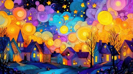 Obraz premium Colorful Night Sky Over Vibrant Village with Starry Atmosphere