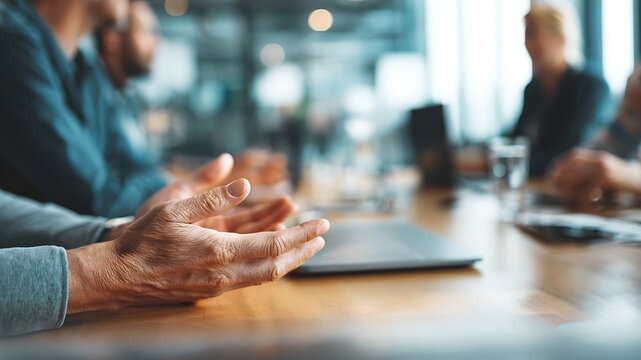 Expressive Hands of a Senior Leader Articulating a Point in a Boardroom Meeting
