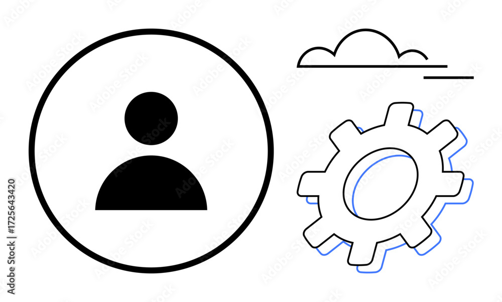 Poster circular user profile icon, gear symbol for settings, and cloud outline for data storage. ideal for 