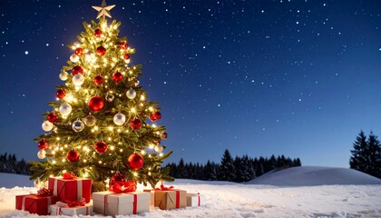 Obraz premium Outdoor Christmas tree with gifts under starry sky.