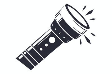 Monochrome flashlight illustration showing a bright beam emitting from the metallic head of light