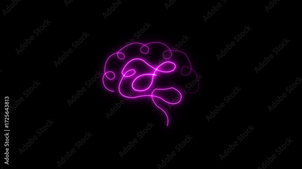 Poster neon brain icon animation. abstract circuit brain animation ,brain work icon 4k looped animation. an