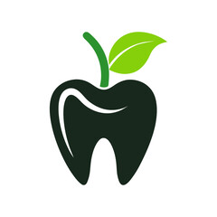 Silhouette healthy tooth with leaf eco dental care logo vector design with white background  