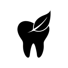 Silhouette tooth with eco leaf dental care symbol minimal clean vector design with white background