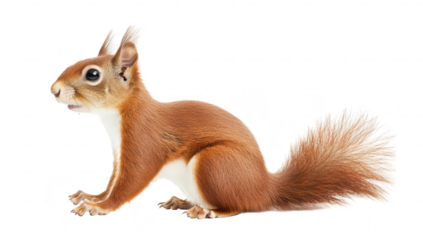 A red squirrel poses gracefully against a clean white background. its bushy tail and curious expression. ideal for nature-themed projects or wildlife education
