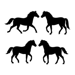 Set of isolated black horse silhouettes in various poses. Collection of four equine figures standing and running for graphic design elements
