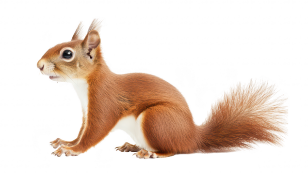 A red squirrel poses gracefully against a clean white background. its bushy tail and curious expression. ideal for nature-themed projects or wildlife education
