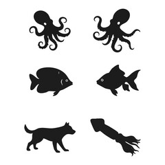 Silhouette Set Octopus, Fish, Dog, and Squid Illustrations
