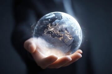 un globe terrestre virtuel qui apparait dans la main d'un homme de pouvoir, dans une ambiance bisness
