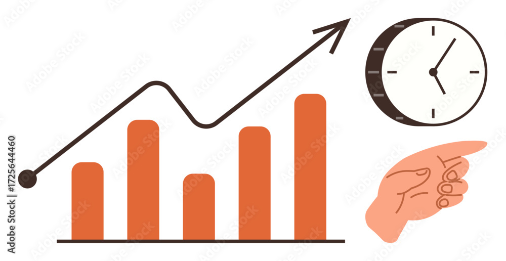 Poster bar chart with increasing trend line, clock representing time management, and pointing hand emphasiz