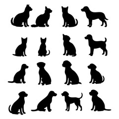 Assorted collection of domestic pet silhouettes, featuring various poses of cats and dogs for graphic design