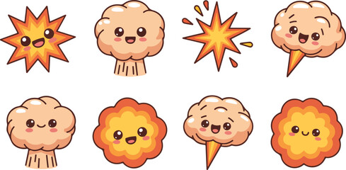 Collection of cartoon explosion icons with happy faces in a variety of shapes and colors against a perfect for graphic design and children's illustrations
