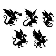 A powerful collection of medieval fantasy creatures, featuring various dragon poses and a majestic griffin in silhouette form