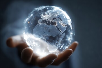 un globe terrestre virtuel qui apparait dans la main d'un homme de pouvoir, dans une ambiance bisness
