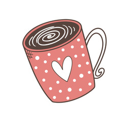 Cute pink mug with white polka dots and a heart, filled with coffee
