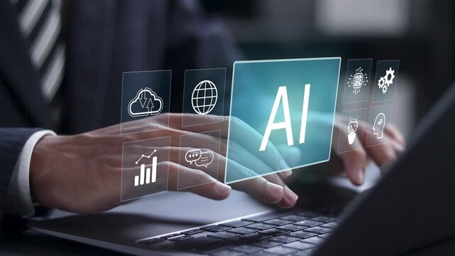 AI technology concept. Artificial intelligence for data analysis business. Businessman using laptop with AI assistant icon on virtual screen.