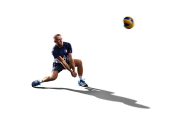 Volleyball. Professional valleyball player in action. Volleyball player hitting the ball. Isolated on white background