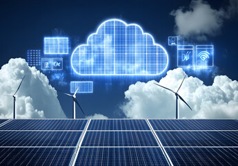 An image showing solar panels and wind turbines with digital tech symbols like cloud computing or AI icons overlayed, symbolizing the intersection of renewable energy and technology