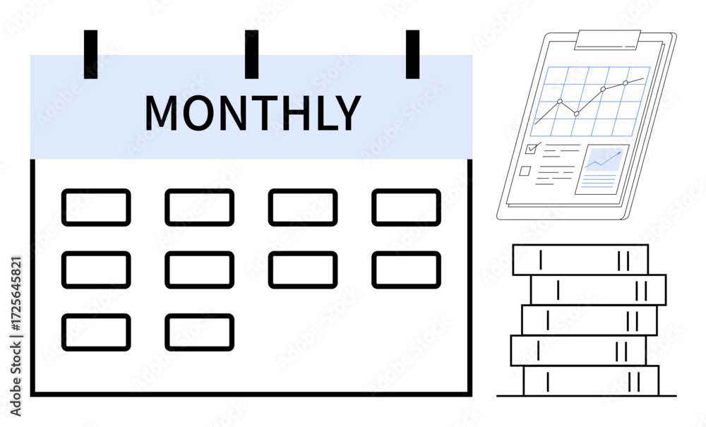 Aufkleber calendar grid labeled monthly, clipboard showing graphs and data, and stack of documents. ideal for 