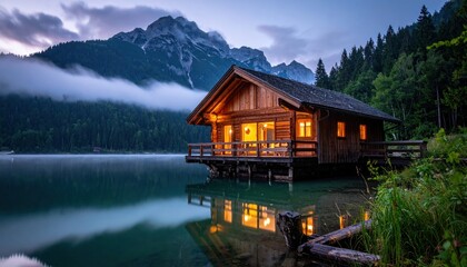 Fototapeta premium A serene lakeside cabin glows warmly at dusk, nestled amidst majestic mountains and tranquil waters.