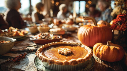 Thanksgiving festive dinner with homemade pumpkin pie, happy people around the table, eating and celebrating holiday together