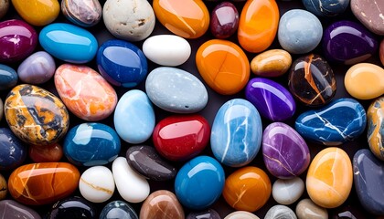 Colorful polished stones arranged on a dark background