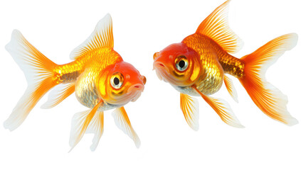 Fototapeta premium Two goldfish gracefully swimming together in a clear. bright environment. their shimmering scales and flowing fins. ideal for aquatic-themed designs or educational materials