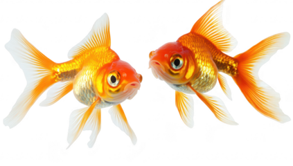 Two goldfish gracefully swimming together in a clear. bright environment. their shimmering scales and flowing fins. ideal for aquatic-themed designs or educational materials