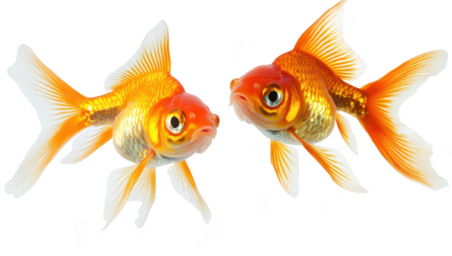 Two goldfish gracefully swimming together in a clear. bright environment. their shimmering scales and flowing fins. ideal for aquatic-themed designs or educational materials